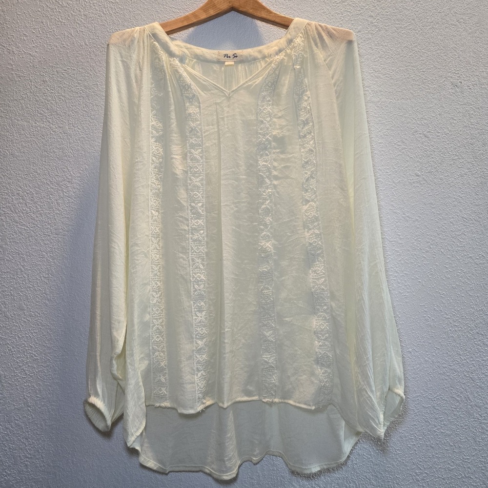 Women's PER SE Cream V Neck Sheer Boho Embroidered Flowy Blouse Casual Size 1X